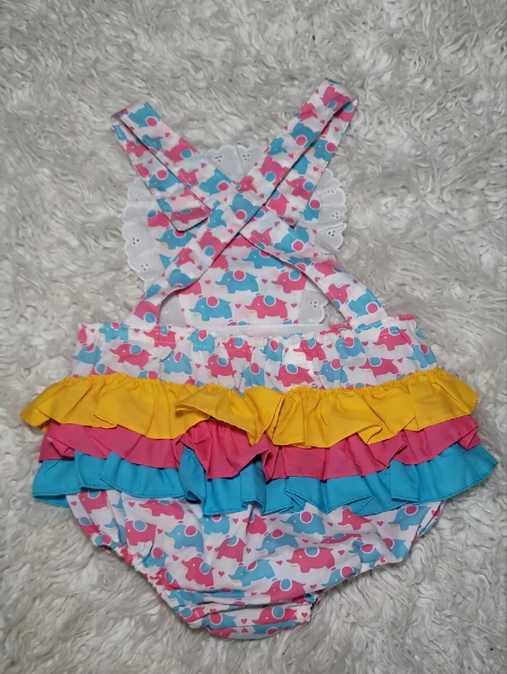 Baby Girls Pink & Blue Elephant Ruffle One-Piece